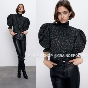 ZARA Liberty Print Puff Shoulder High Neck Blouse